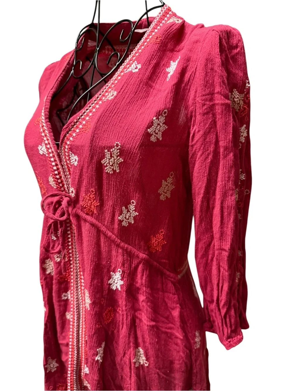 Free People Rose Pink Embroidered Tie Waist Boho Tunic Dress Small